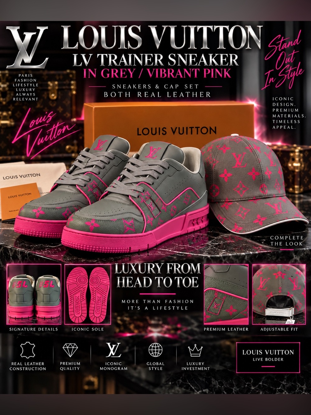 🔥Louis Vuitton LV Trainer sneaker in Grey/Vibrant Pink. W/Hat! Both real Leather